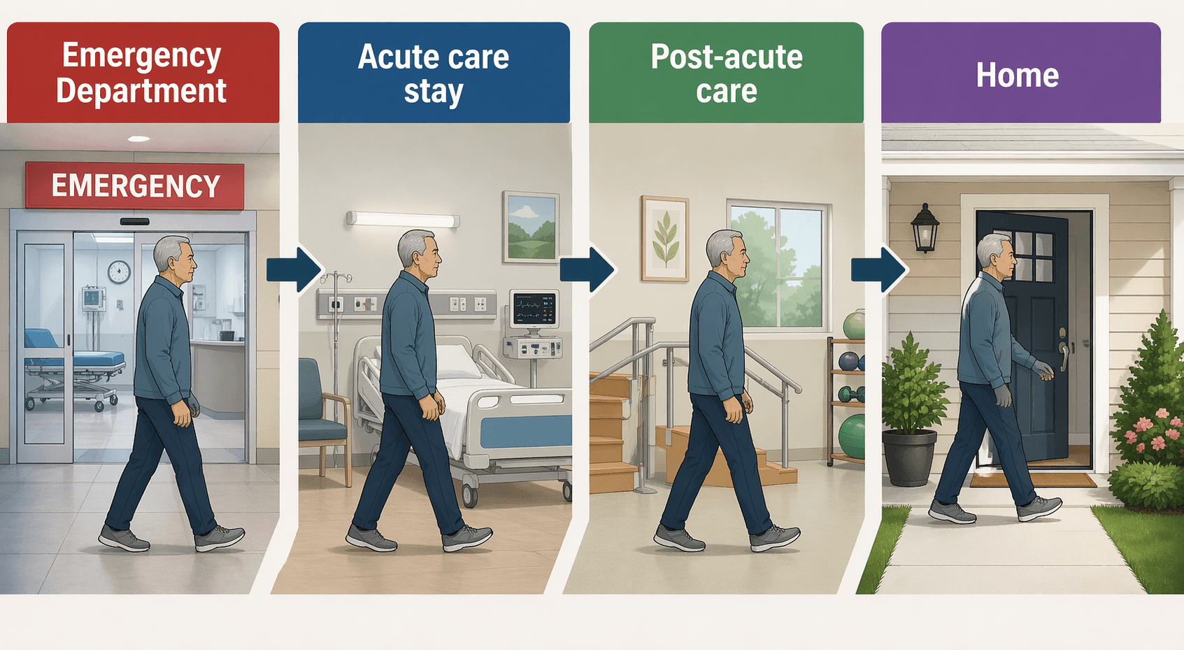 Patient journey from emergency department through acute care, post-acute care, and home